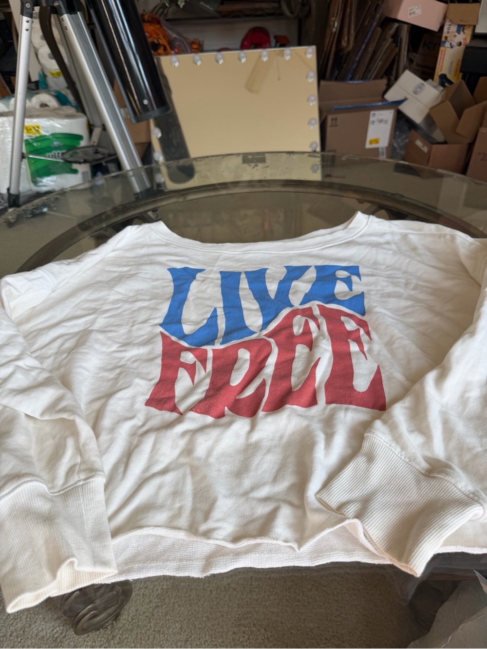 Live Free Graphic Long-Sleeve Sweatshirt- White, Red & Blue